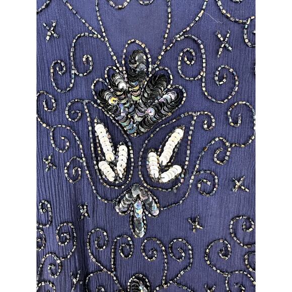 Vintage 80s Stenay Sheath Dress Womens 14 Navy Blue Silk Sequin Beaded Cocktail - Picture 3 of 7